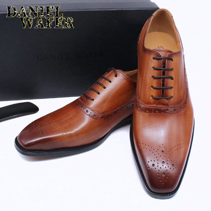 Men's Luxury Brand Shoes Fashion Brogue Formal Black Blue Lace-Up Wedding Office Dress Genuine Leather Oxford Shoes for Man