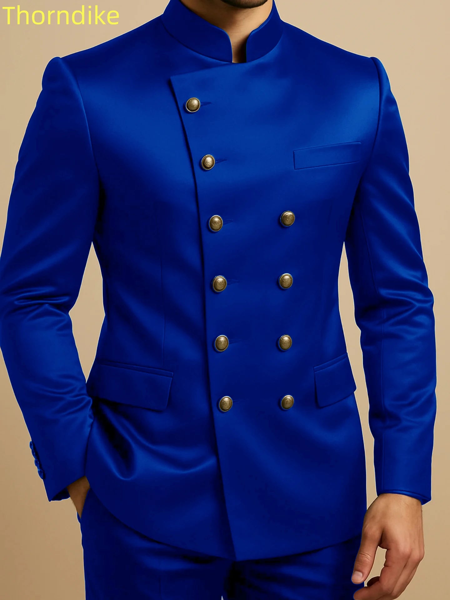 Thorndike Affrica Style Casual Stand Collar Satin Double Breasted Jacket Pants Business Men Suit Elegant Groom Wedding Suits