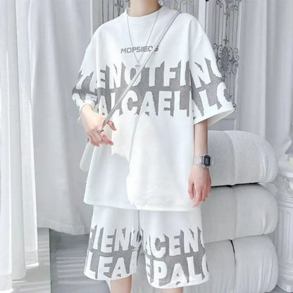 Men's fashion personality letter printed short sleeved shorts two-piece set outdoor sports breathable T-shirt set