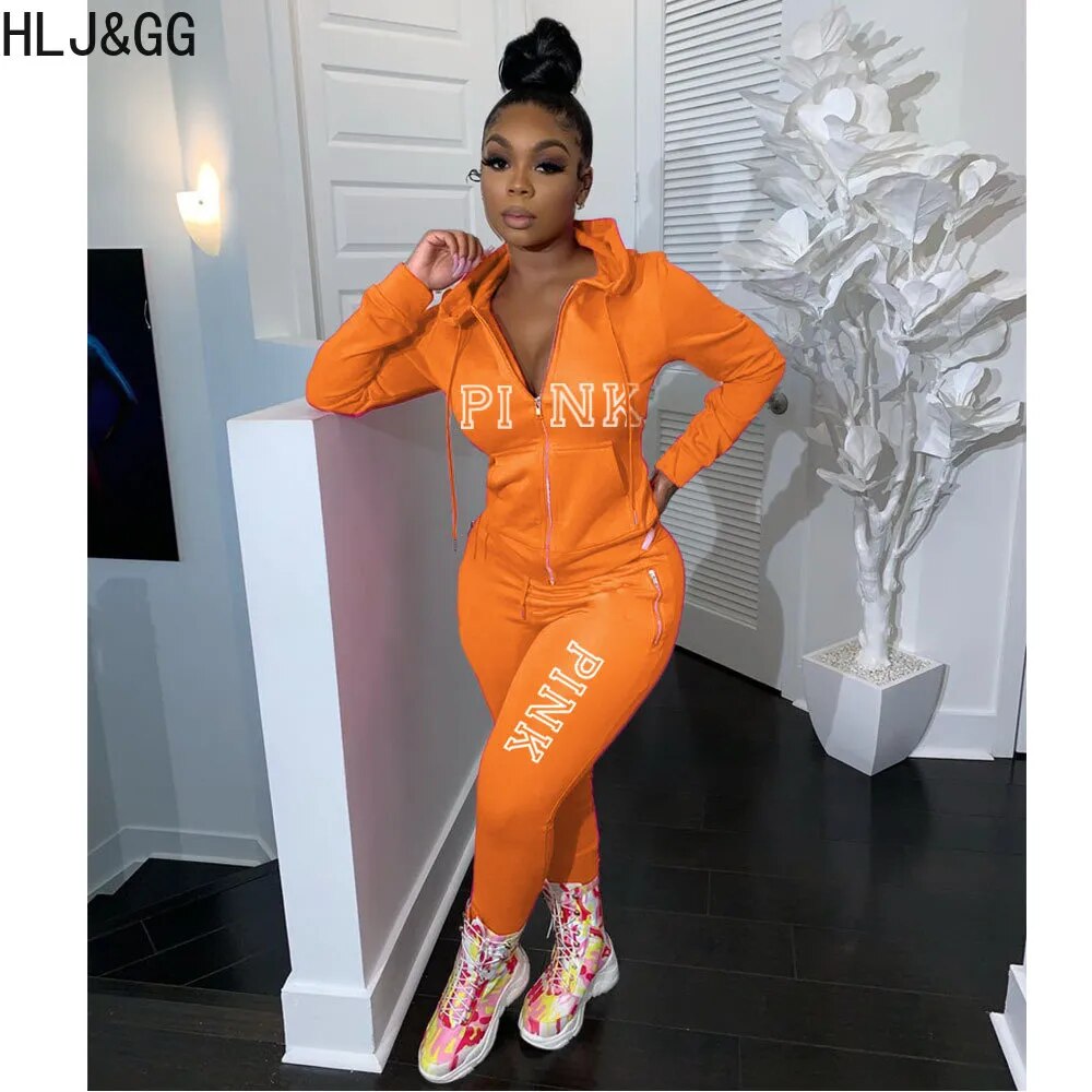 HLJ&GG Casual PINK Letter Print Two Piece Sets Women Outfits Fall Winter Hooded Zip Coat And Pants Tracksuits Female Sport Suits