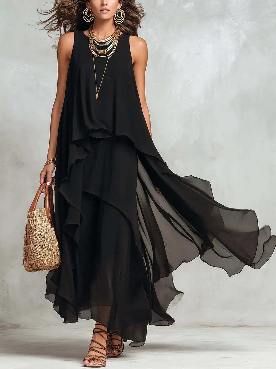 2026 new black sleeveless irregular chiffon long dress with elegant temperament for women