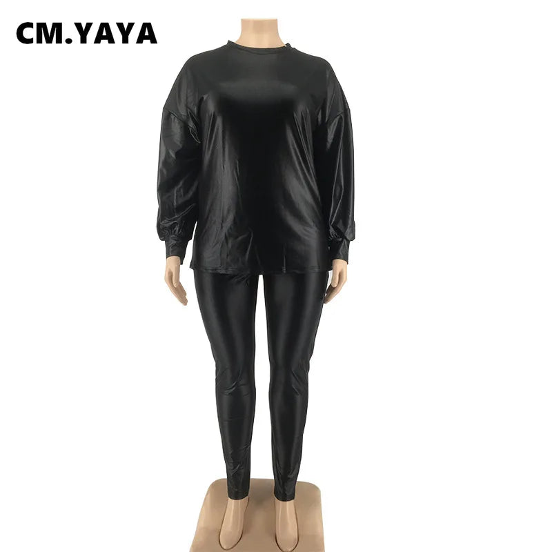 CM.YAYA Active Plus Size XL-5XL Faux Leather Women's Set Jumper Tops Legging Pants Suit Tracksuit Two Piece Set Fitness Outfit