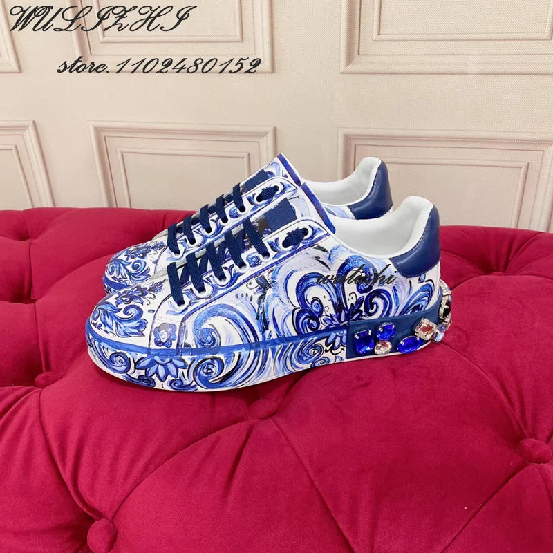 Ink Blue Graffiti Wave Gem Sneakers Couple Spring Sports Men Flat Women Lace Totem Comfortable Leather Round Toe Printed Shoes