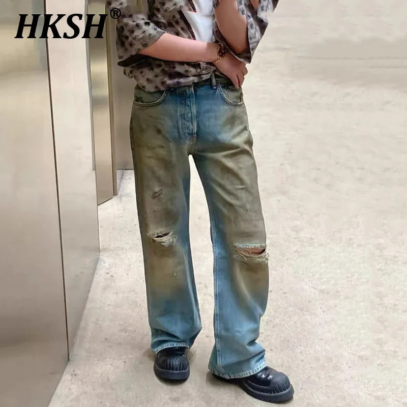 HKSH Men's Tide Vintage Mud Dyed Distressed Washed Jeans Loose Wide Legs Women's Casual Denim Pants Trend Fashion Holes HK0022