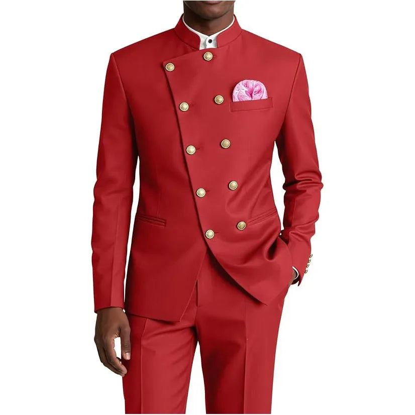 Men's Business Casual Suit 2 Piece Brown Mandarin Collar Double Breasted With Gold Buttons