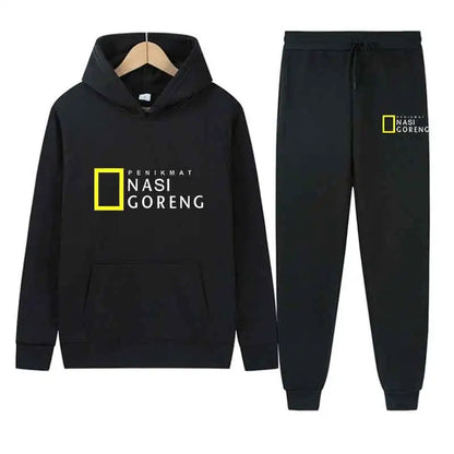 Autumn Men Gray Blue Casual 2PC Sets Trend Hoodie Tops Slim Pants Warm Sweatshirts Street Fashion Concise Printed Sports Suit