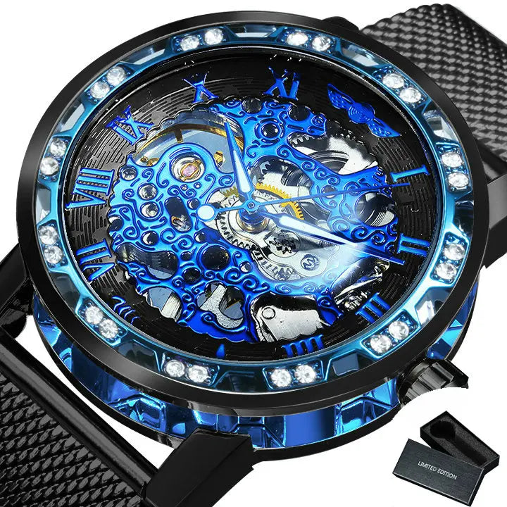WINNER Classic Retro Mechanical Watches Luxury Iced Out Blue Skeleton Watch for Men Luminous Hands Mesh Stainless Steel Strap