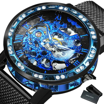 WINNER Classic Retro Mechanical Watches Luxury Iced Out Blue Skeleton Watch for Men Luminous Hands Mesh Stainless Steel Strap