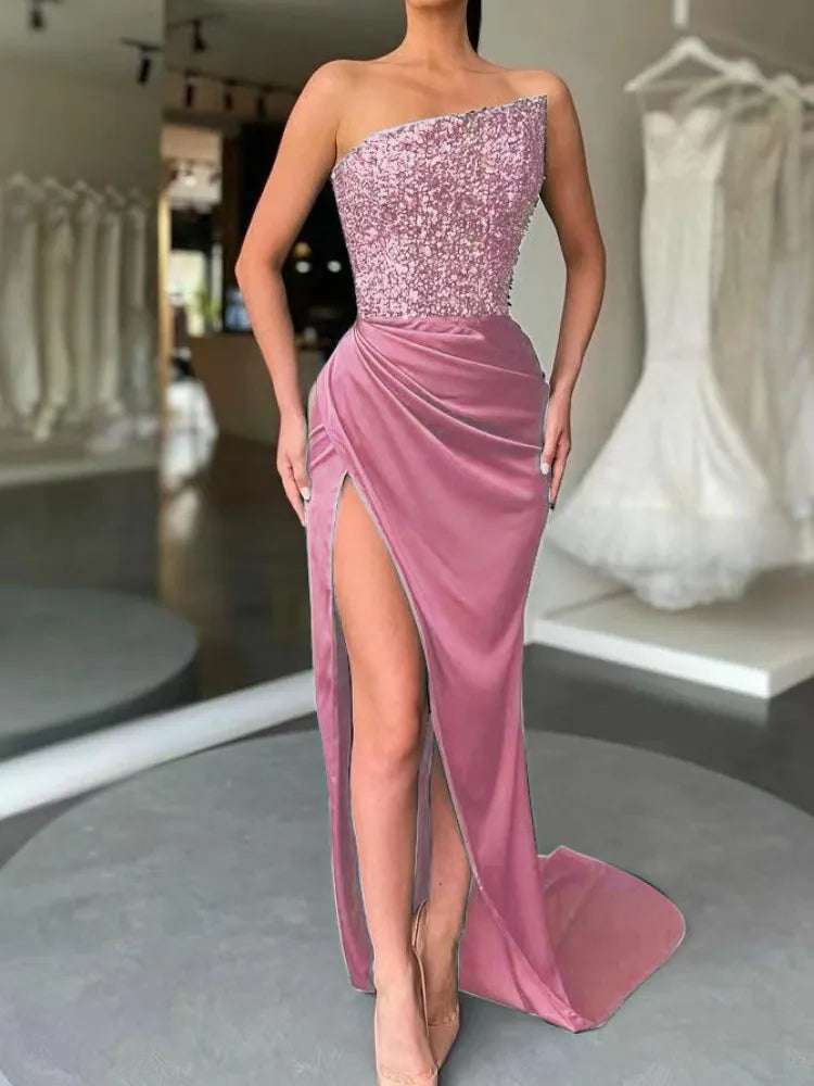 Women Elegant Sequin Bodycon Long Evening Dress Strapless High Split Birthday Party Sexy Maxi Dress Ladies Summer Clothes 2023