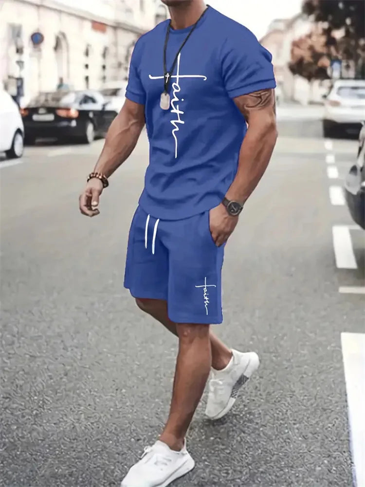 Mens T Shirt Shorts Set Fashion Mens Cross Printed Short Sleeve Two Pieces Oversized Outdoor Beach Sports Men's Plus Size Suit