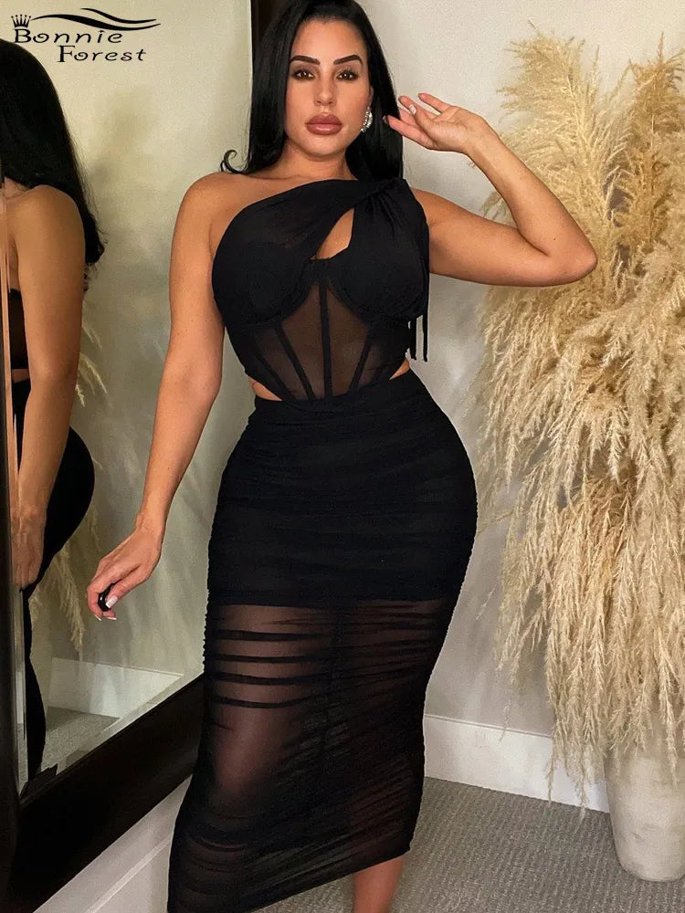 Bonnie Forest Beautiful Single Shoulder Sheer Mesh Corset Top + Ruched Skirt Two-Piece Set Tracksuit Female Night Club Outfits