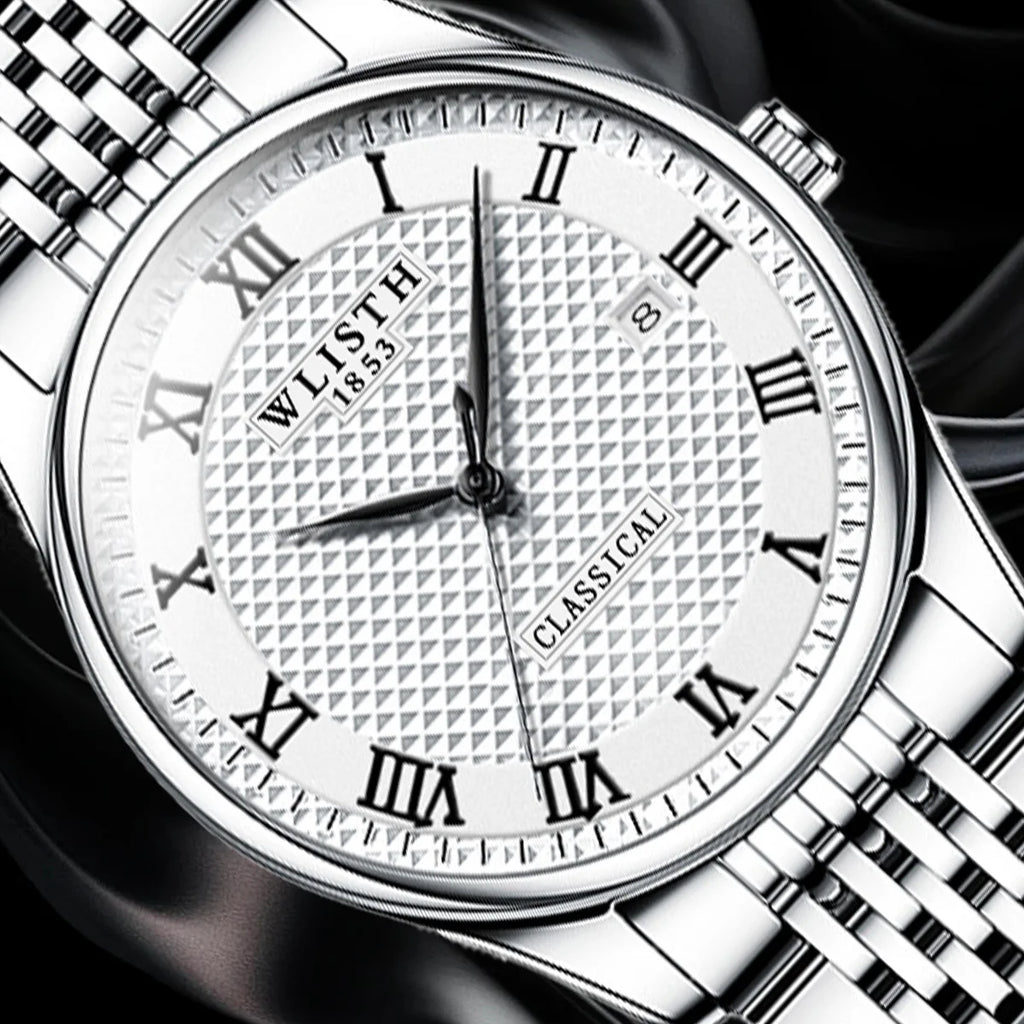 WLISTH Luxury Stainless Steel Watches for Man Waterproof Luminous Quartz Watches Roman Scale Wristwatch Date Week Men Watch
