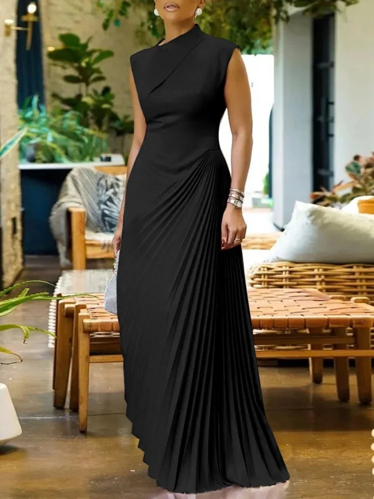 Freeacy 2026 Women's Solid Color Sleeveless High Neck Party Dress High Waist Pleated Floor Length Graceful Evening Dresses