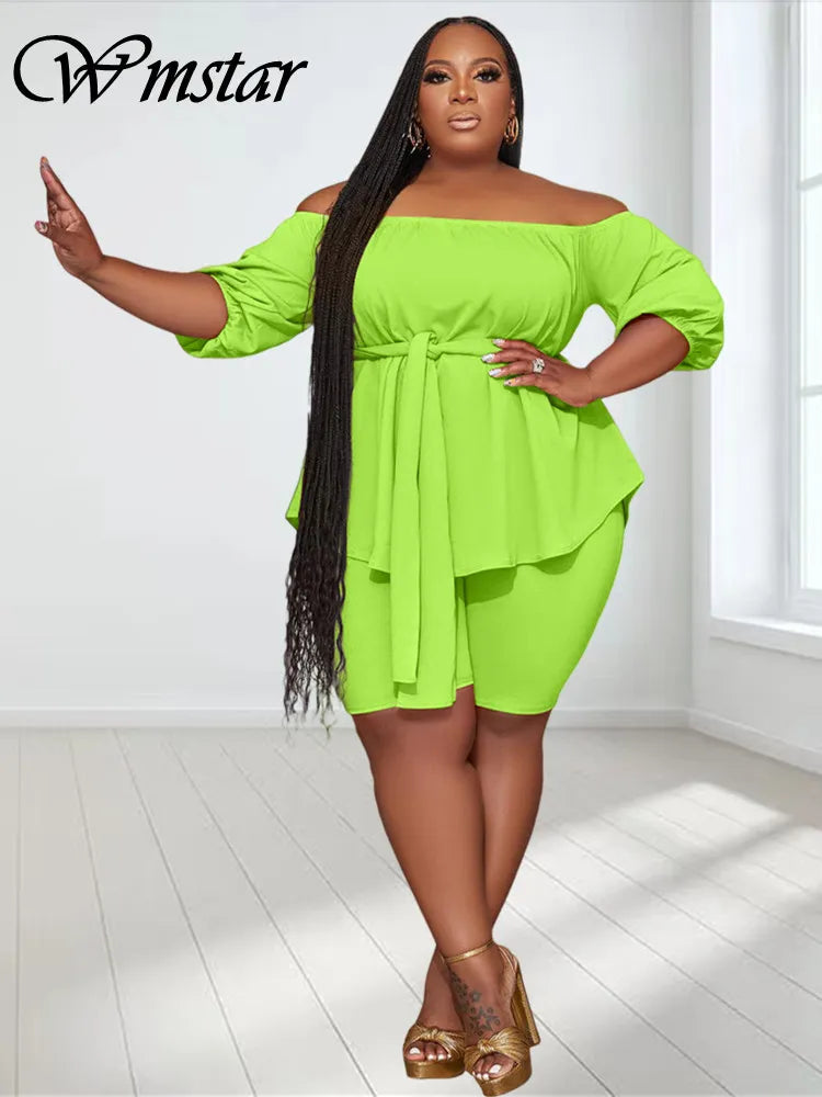 Wmstar Plus Size  Two Piece Outfits Women New In Matching Shorts Sets Loose Top with Bandage Summer Wholesale Dropshipping 2023