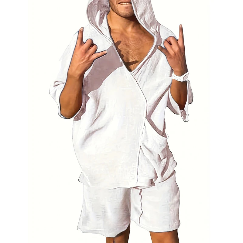 2025 new men's V-neck fashion short-sleeved shorts two-piece summer thin men's hooded beach leisure outdoor suit