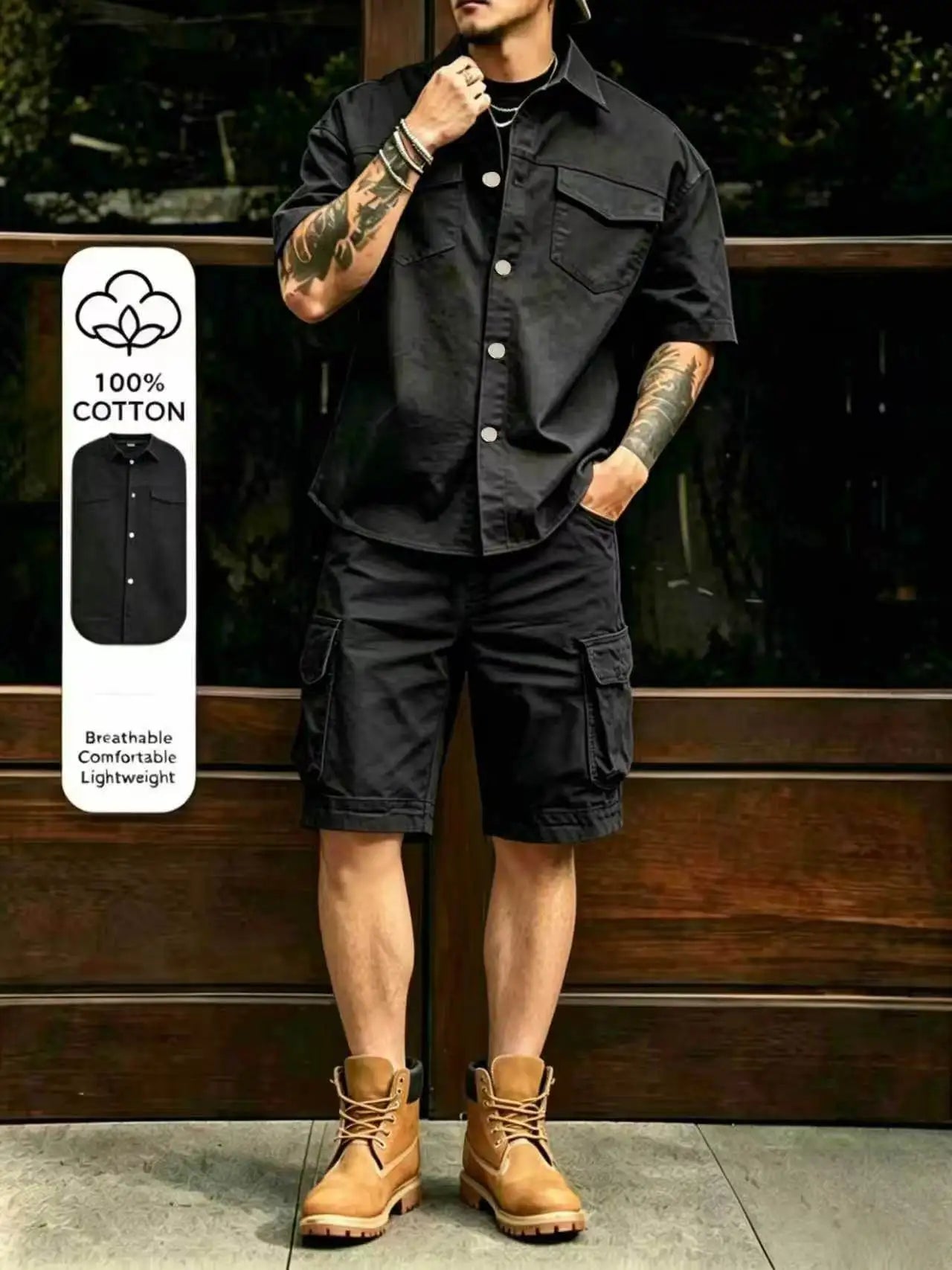 2026 Male Vintage Mens Multi Pocket Outfits Stylish Men Patchwork Shirt Shorts Sets Outdoor Casual Short Sleeve Two Piece Suits