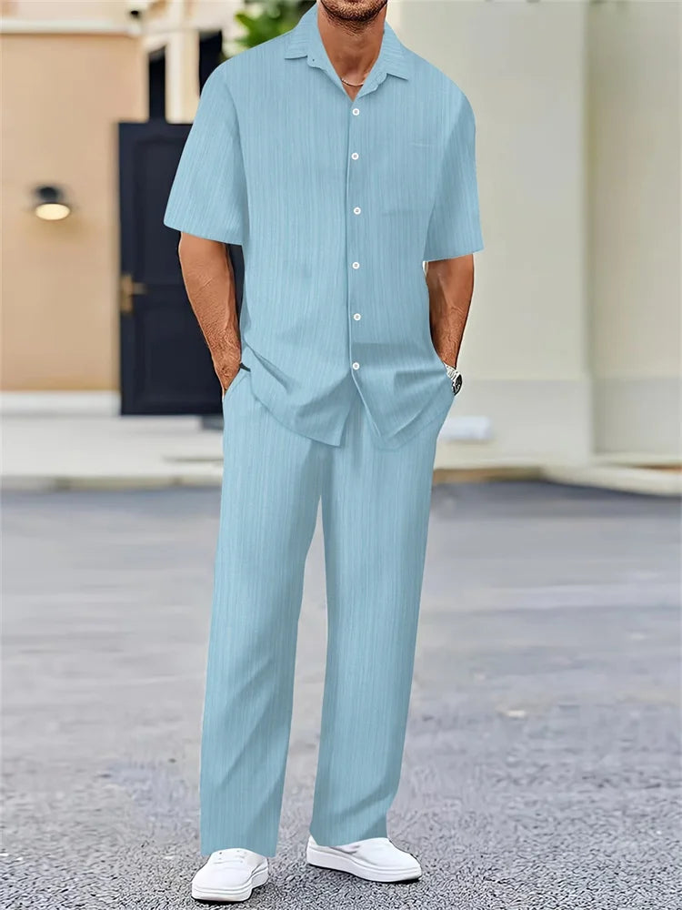 2025 Autumn Geometric Color Block Printed Short-sleeved Set, 2pcs Daily Casual And Loose Men's Shirt Set, Casual And Fashionable