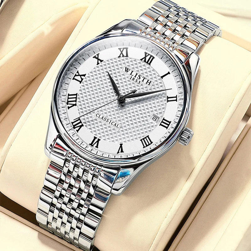 WLISTH Luxury Stainless Steel Watches for Man Waterproof Luminous Quartz Watches Roman Scale Wristwatch Date Week Men Watch