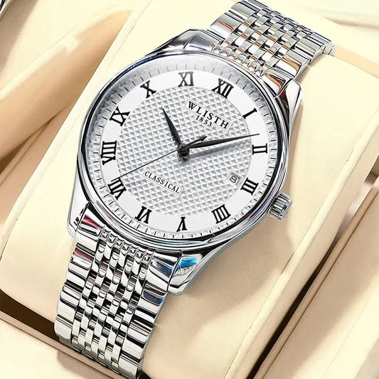 WLISTH Luxury Stainless Steel Watches for Man Waterproof Luminous Quartz Watches Roman Scale Wristwatch Date Week Men Watch