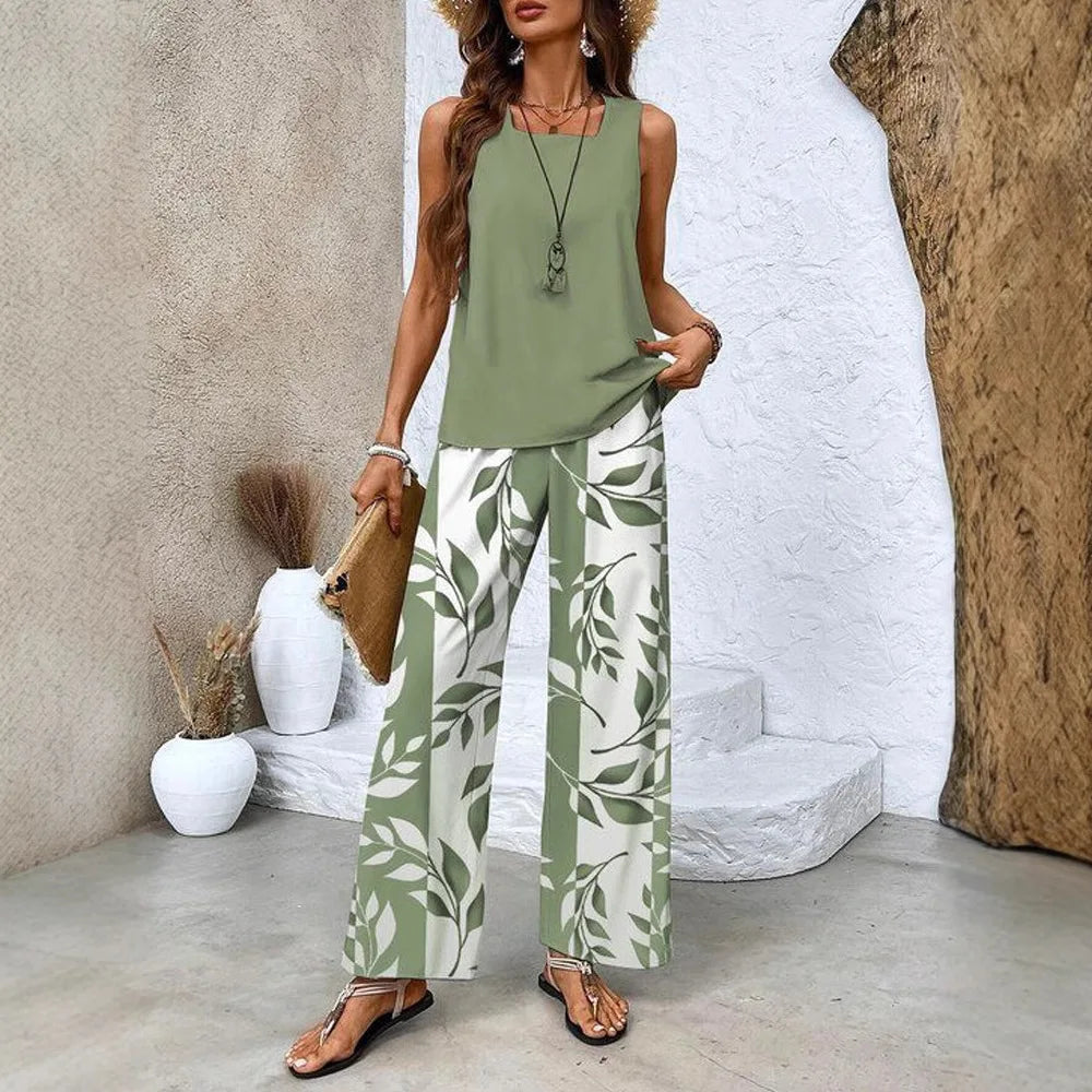 Summer New Women's Flower Stripe Print Two-Piece Set Square Collar Sleeveless Vest Solid Tops & Long Pants Sets Female