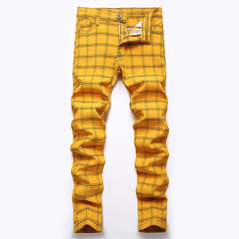 Original Design Men&#39;s Elastic Jeans British Style Personality Digital Printing Colour Plaid Middle Waist Leisure Slim Pants