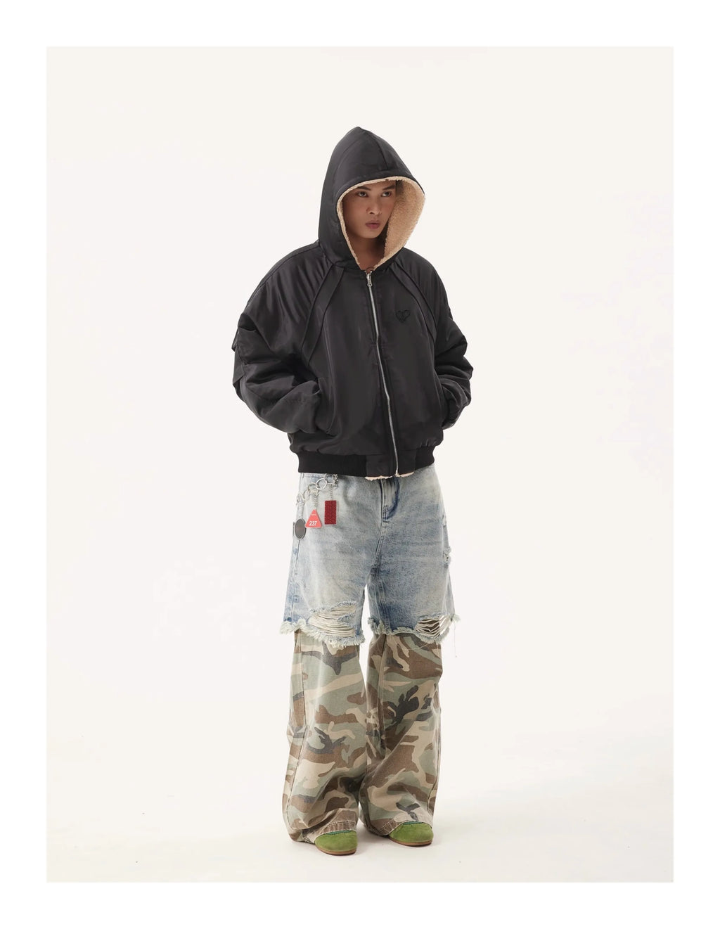 PFNW Niche Design Men's Jeans Washed Distressed Colorblock Splic Fake Two Piece Loose Straight Trousers Wide Leg Pants 28W5474