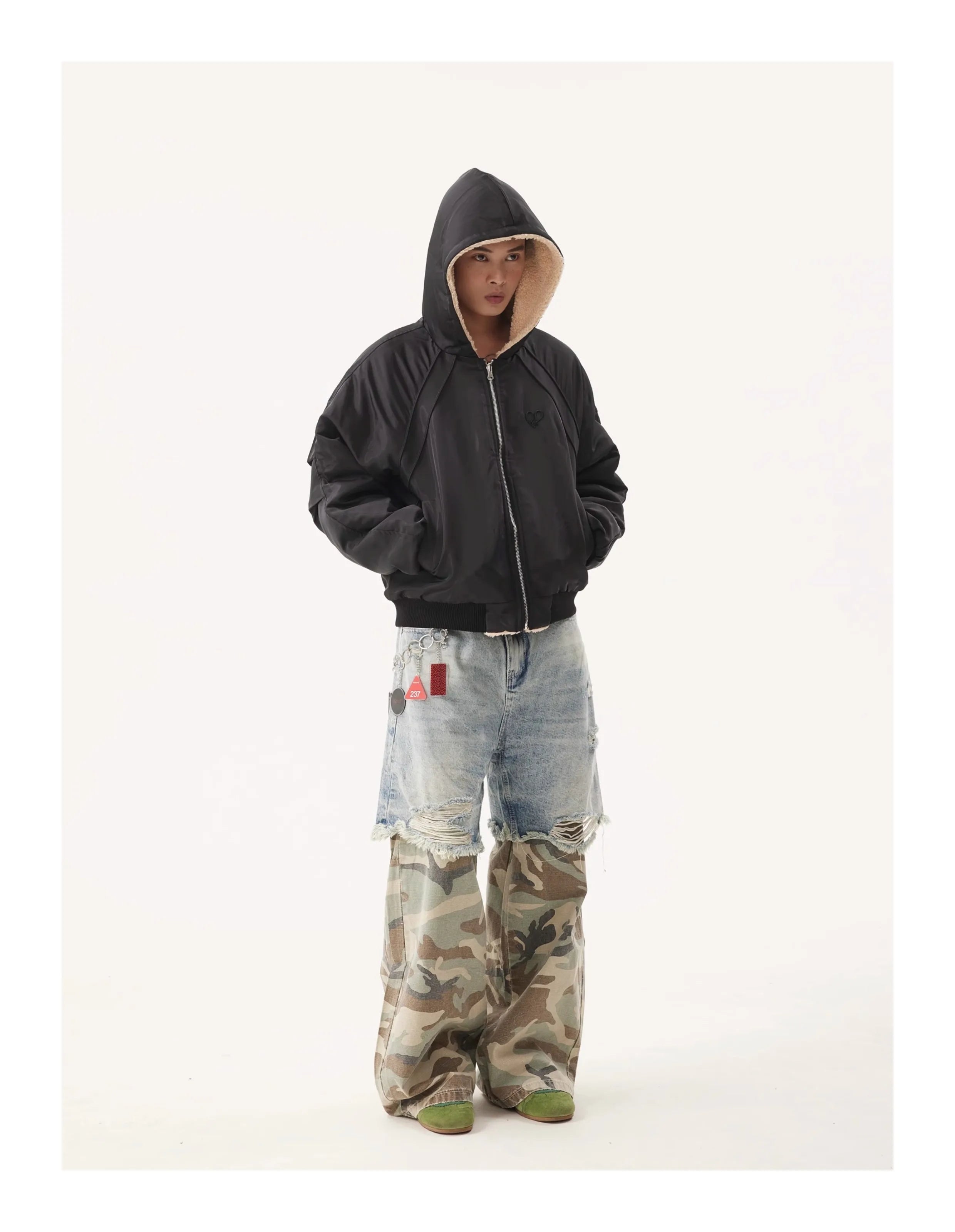 PFNW Niche Design Men's Jeans Washed Distressed Colorblock Splic Fake Two Piece Loose Straight Trousers Wide Leg Pants 28W5474