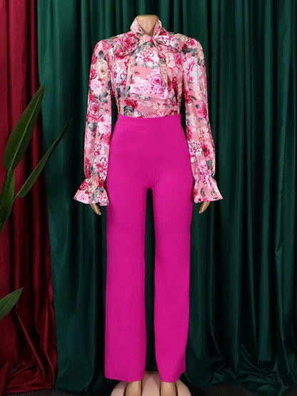 Women Two Pieces Set Printed Blouse Long Sleeves High Waist Pants Trousers Elegant Office Ladies Work Wear Suit 2 Pieces African