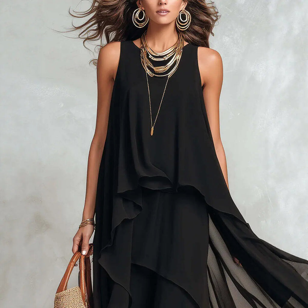Women's Elegant Solid Dress Summer Casual O Neck Sleeveless Asymmetrical Ruffle Layered Chiffon Maxi Dress Holiday Party Dress