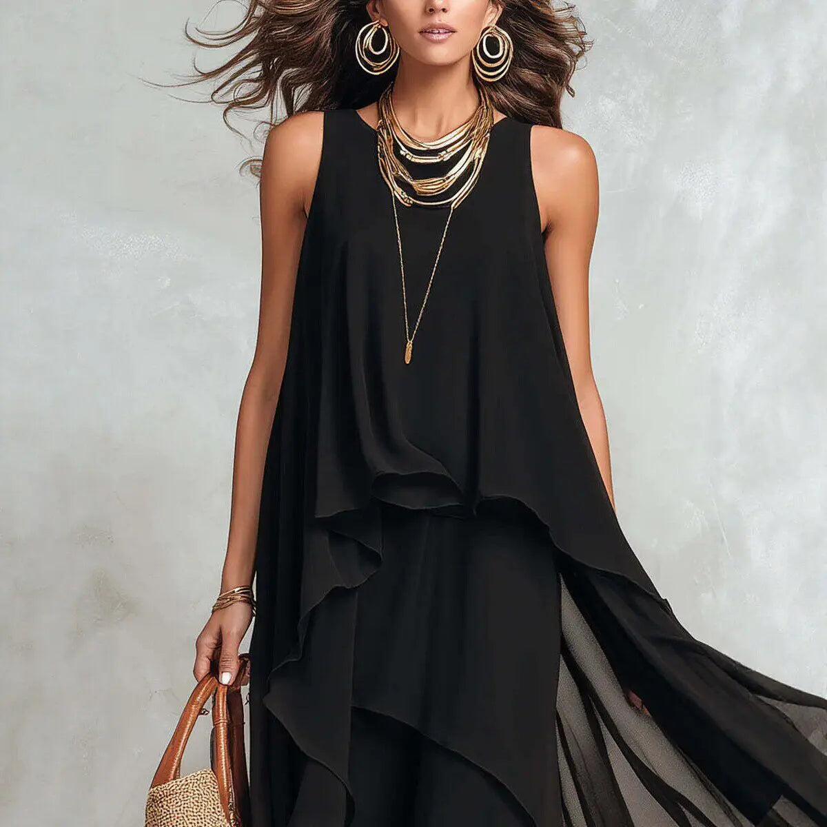 Woman Elegant Solid Dress Summer Casual O Neck Sleeveless Asymmetrical Ruffle Layered Chiffon Maxi Dress Holiday Party Dress
