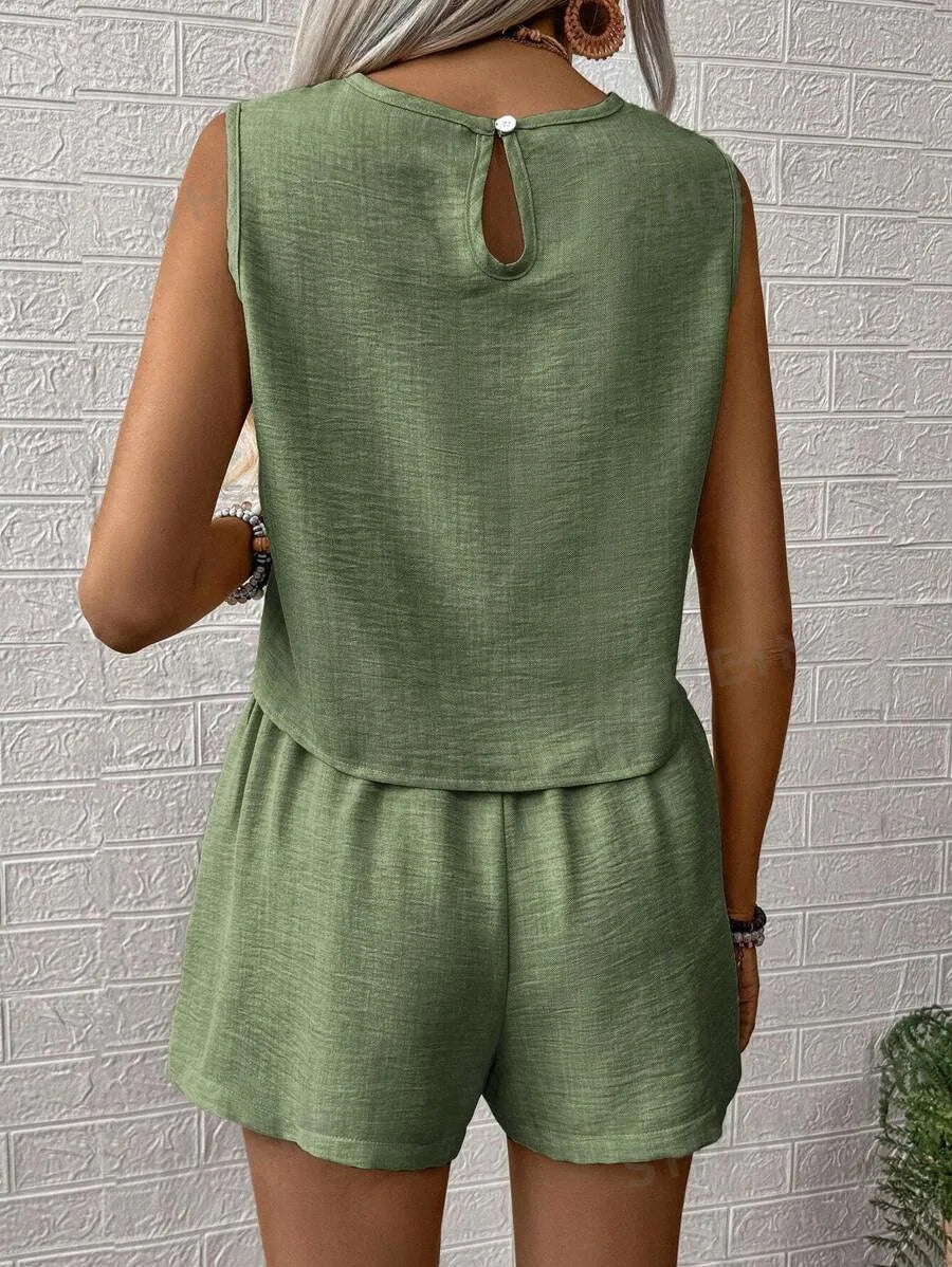 Elegant Solid Women Two Piece Sets Fashion Sleeveless O-Neck Tank Tops Elastic Waist Short Pants Suit Casual Office Lady Outfits