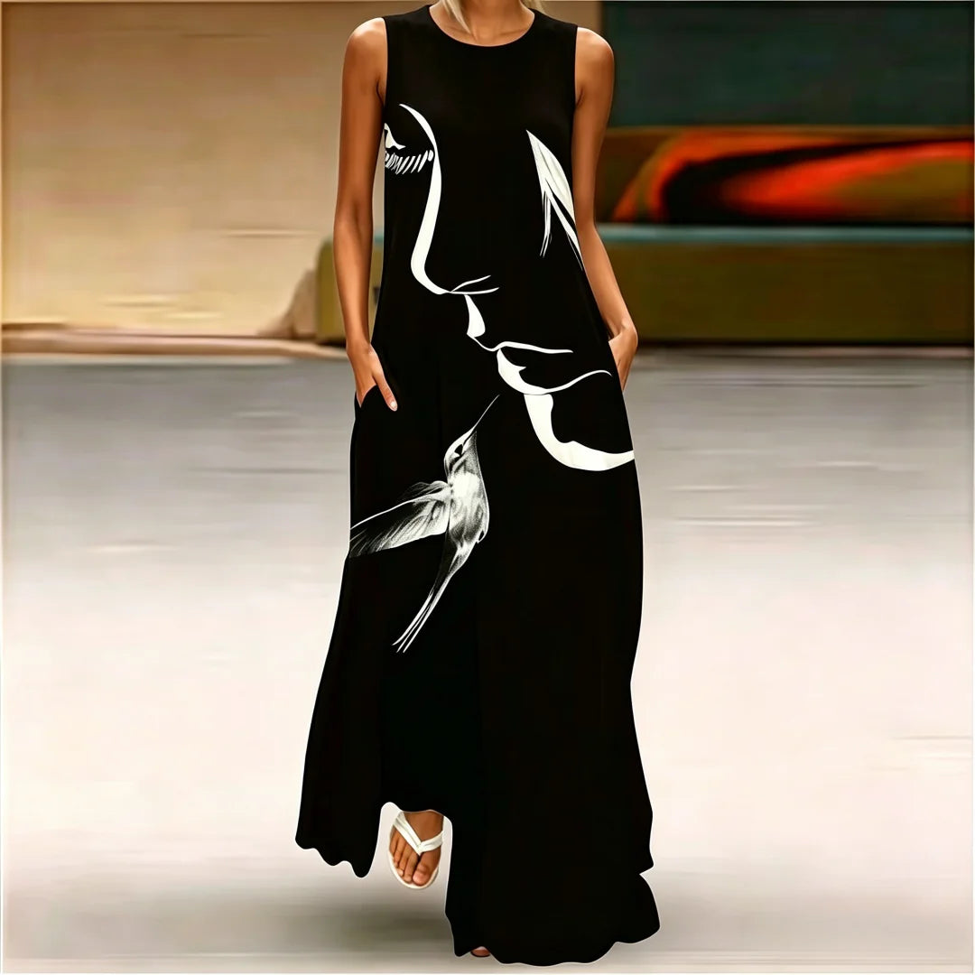 2026 Abstract Mask Printing Long Dress For Womens Sexy Sleeveless Tank Long Dress V-Neck Casual Clothing Women Robe Maxi Dress