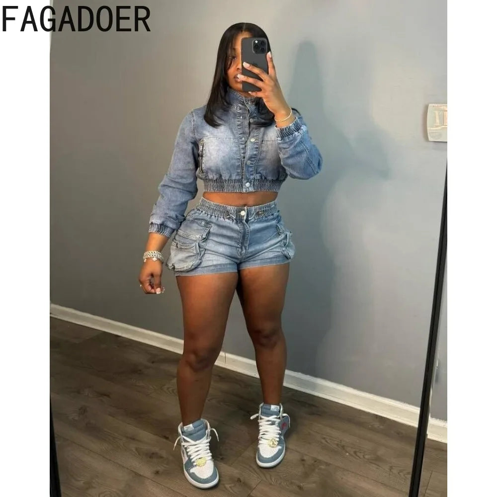 FAGADOER Fashion Denim Elastic Pocket Shorts Two Piece Sets Women Button Long Sleeve Crop Top And Shorts Outfits Female Clothing