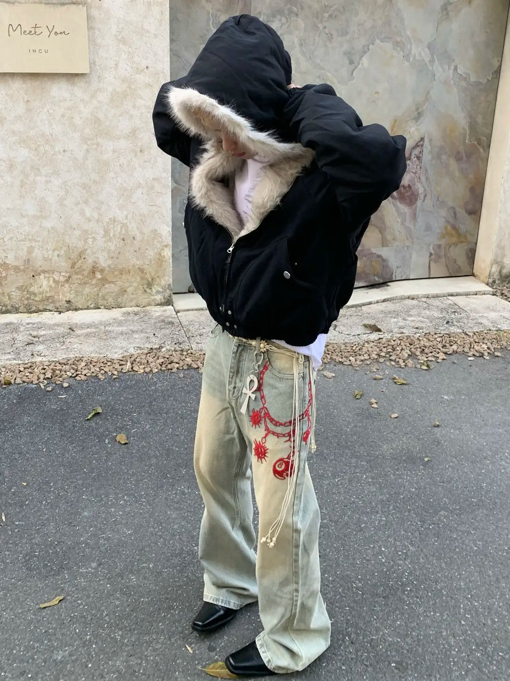 American Retro Woolen Collar Hooded Cotton Jacket Winter Thick Plush Top Men Street Hip-Hop Gothic Harajuku Oversize Jacket Coat