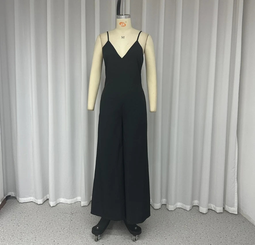 Jumpsuit Fashion Casual New 2024 Women's V-Neck Suspender Solid Color Wide Leg Jumpsuit Black