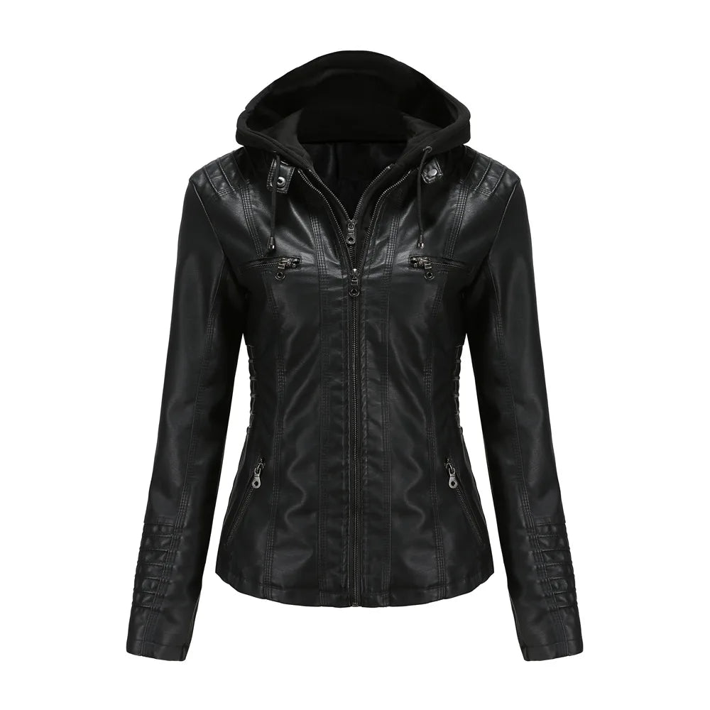 2024 Women's Hooded Leather Jacket 2 Pieces Set with Detachable Large Leather Jacket for Women Spring  Autumn PU Leather Jacket