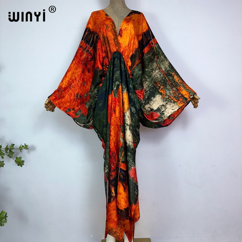 Sexy bech high-quality hand-rolled feel silk rayon fashion print  WINYI Maxi women's robes long beach V-neck Bohemian dress