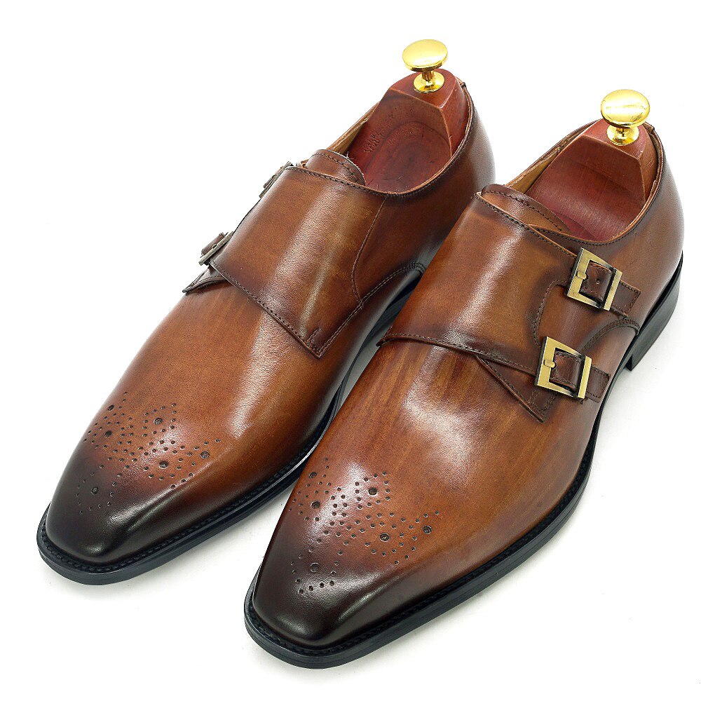 Double Monk Strap Oxford Shoes Mens Handmade Genuine Leather Buckle Men&#39;s Dress Shoes Formal Wedding Office for Men Footwear