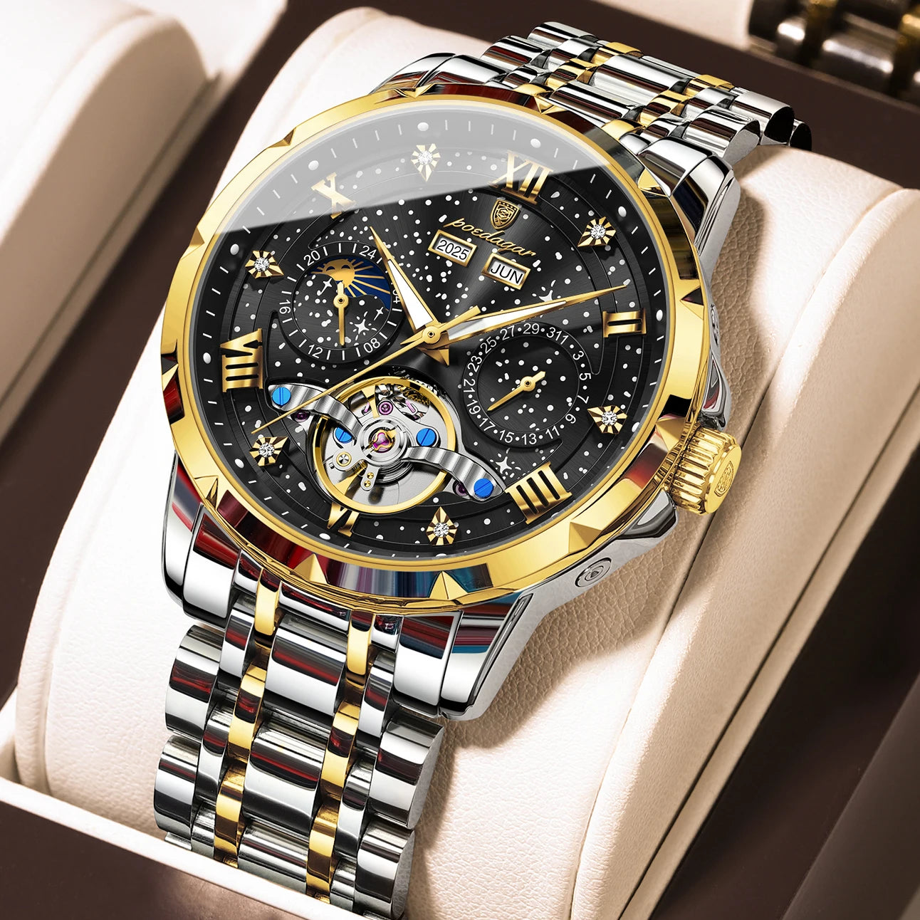 POEDAGARTopOriginal Men Clock Automatic MechanicalStainless Steel Men's Watches Calendar Hollow Tourbillon Man Watch Male+Box