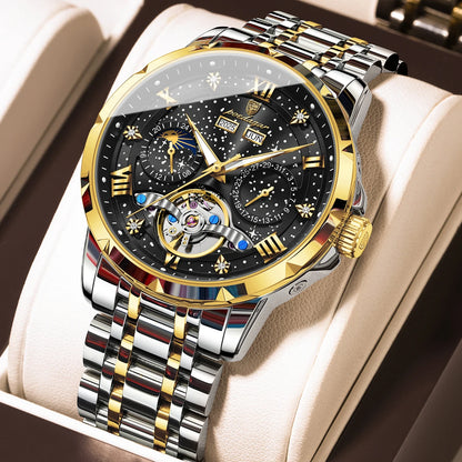 POEDAGAR Top Original Men Clock Automatic Mechanical Stainless Steel Men's Watches Calendar Hollow Tourbillon Man Watch Male+Box