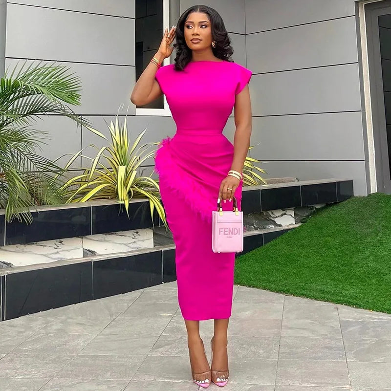 Women Dresses O Neck Pullover Solid Sexy Wrap Buttocks Vestidos Ankle Length Office Lady Dress Slim Fit Sheath Feathers