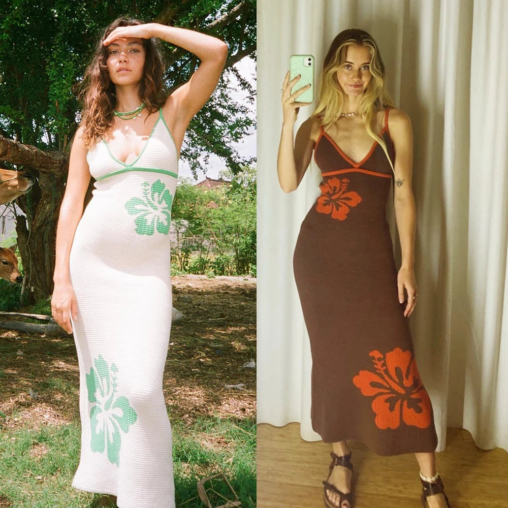 Women Vintage Knitted Backless Sexy Bodycon Dress Bandage Contrast Color Halter Casual Dresses Slim Midi Holiday Sun Dresses