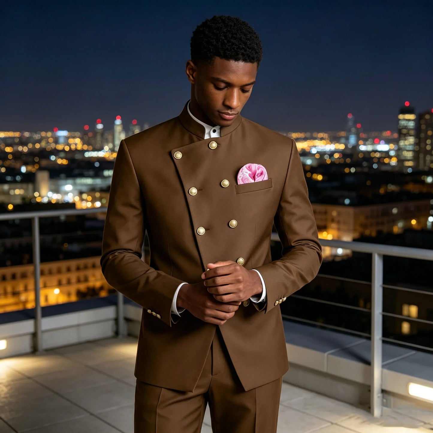 Men's Business Casual Suit 2 Piece Brown Mandarin Collar Double Breasted With Gold Buttons