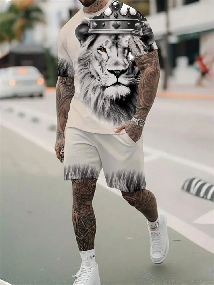 2024 New Crew Neck Short Sleeve T-shirt Fashion Shorts Set 3D Lion Print Short Sleeve Shorts 2-piece Men's Summer Sports Set