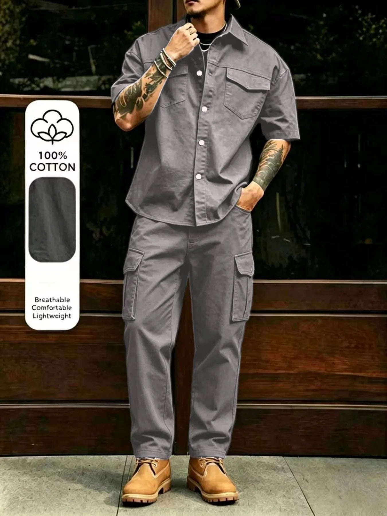 Men's Casual Workwear 100% Cotton Multi-Pocket Short-Sleeved Shirt Pants Set Male Cargo Overalls Streetwear Short Sleeve Button