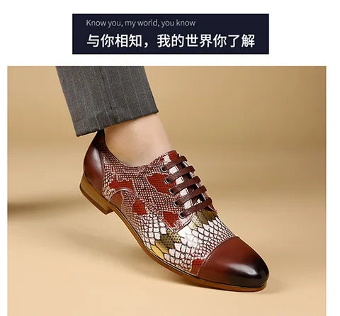 Luxury Brand Genuine Leather Men's Formal Shoes Fashion Snake Pattern Design Lace Up Men Business Dress Groom Wedding Shoes