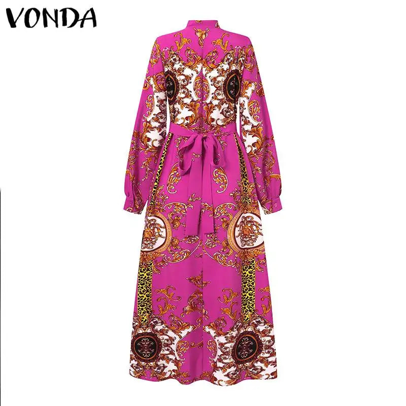 VONDA Maxi Dress 2024 Summer Women Bohemian Printed Party Sundress Long Sleeve Stand Collar Casual Robe Holiday Vestidos Belted