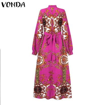 VONDA Maxi Dress  Summer Women Bohemian Printed Party Sundress Long Sleeve Stand Collar Casual Robe Holiday Vestidos Belted
