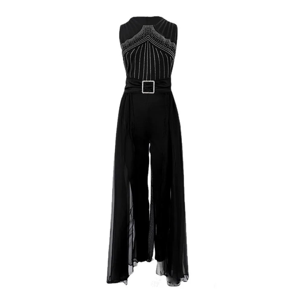 Women's Sexy Sleeveless Jumpsuit, Elegant Hot Rhinestone Mesh Mop Red Summer
