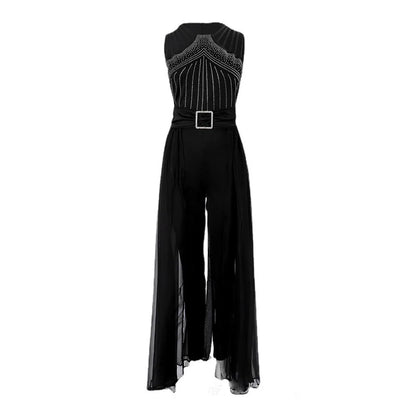 Women's Sexy Sleeveless Jumpsuit, Elegant Hot Rhinestone Mesh Mop Red Summer